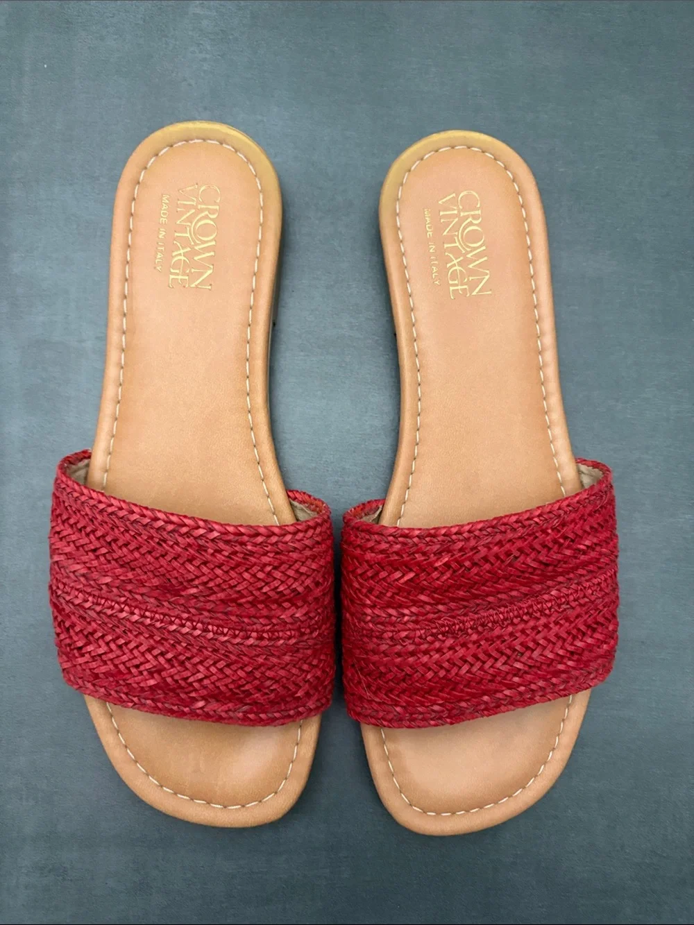 Crown Vintage Avera Red Braided Slide Sandals with Tan Footbed